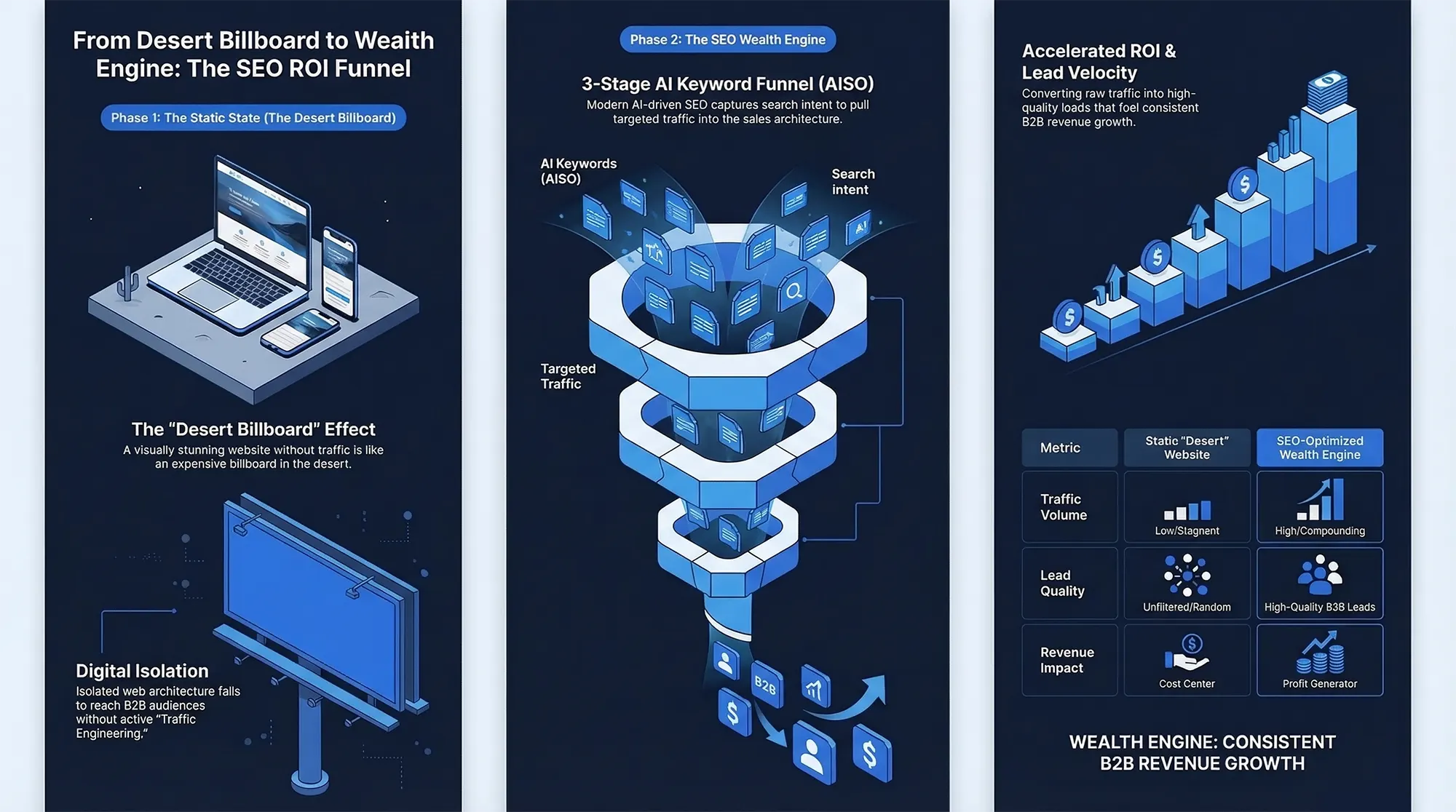 A three-part infographic illustrating the transition from a static 'Desert Billboard' website to an SEO Wealth Engine. It shows a 3-stage funnel converting AI-driven search intent into targeted B2B leads, culminating in a chart displaying accelerated ROI and consistent revenue growth.