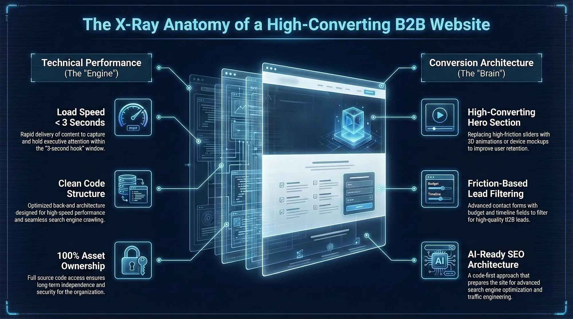 An X-ray style infographic dissecting the anatomy of a high-converting B2B website. It visually connects technical performance features like sub-3-second load speeds and clean code structure on the left, with conversion architecture elements like friction-based lead filtering and AI-ready SEO on the right.