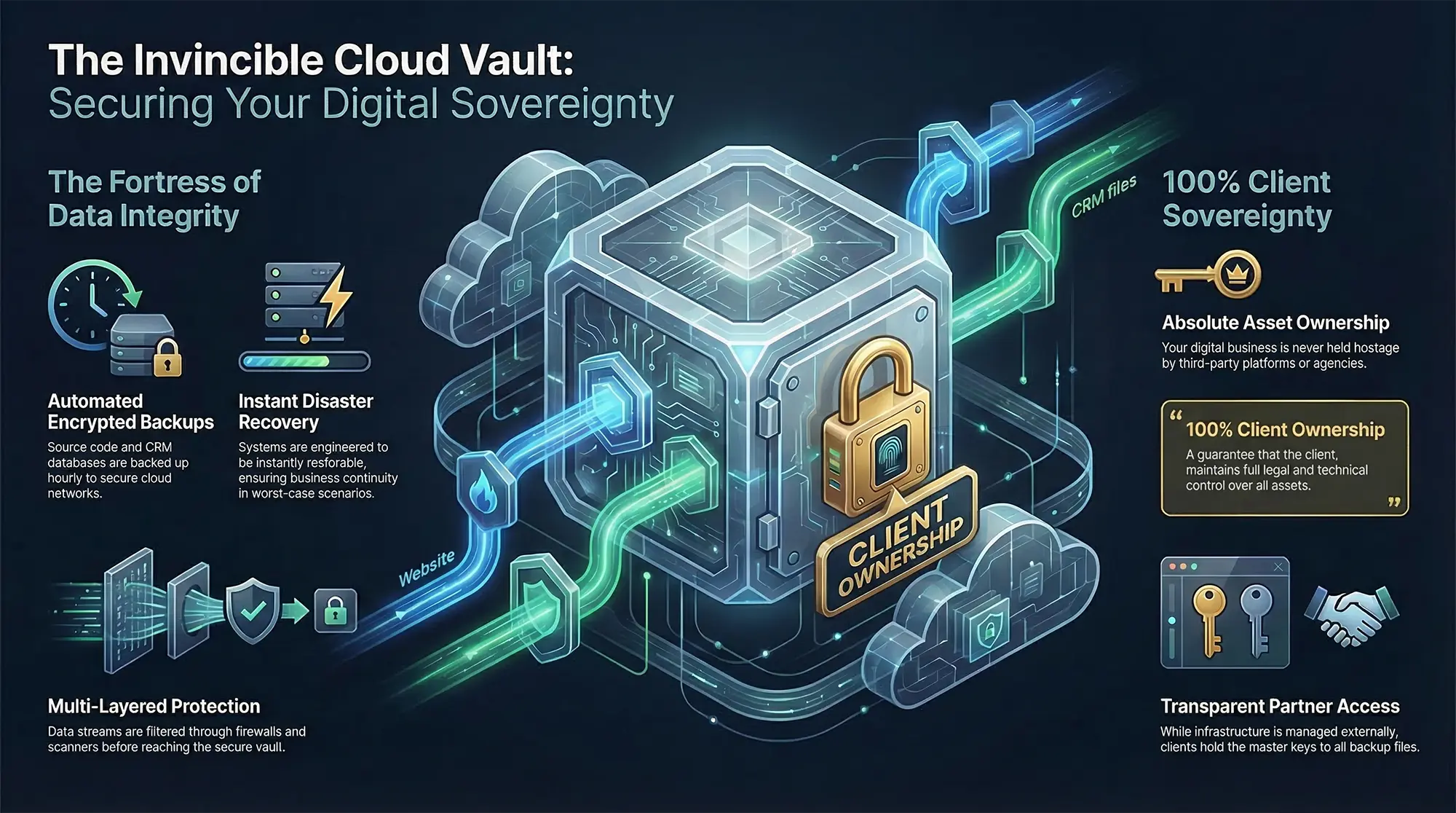 A 3D infographic of an invincible cloud vault. A glowing, translucent safe with a 'Client Ownership' padlock receives secure data streams, representing 100% asset integrity through automated encrypted backups and instant disaster recovery.