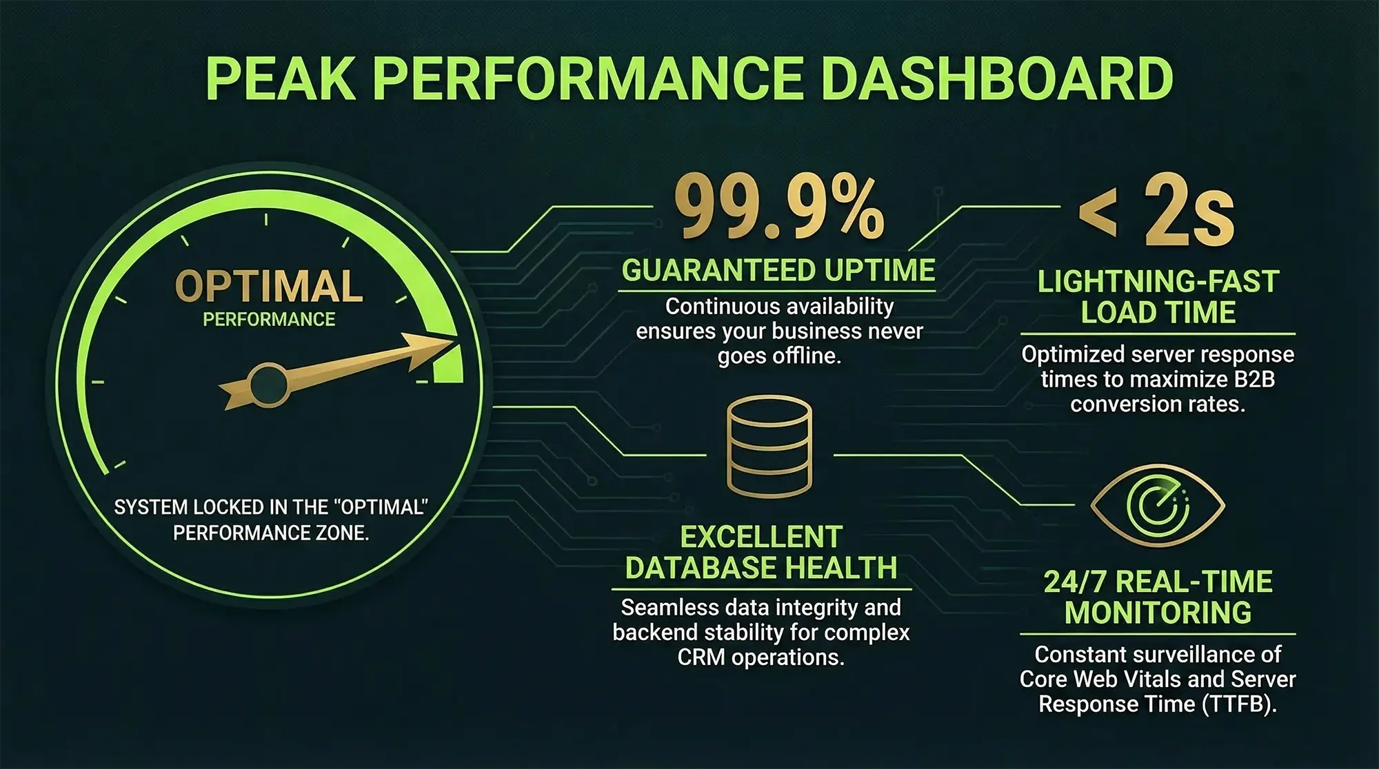A digital 'Peak Performance Dashboard' graphic displaying an analog gauge locked in the optimal performance zone. It highlights four key metrics connected by circuit lines: 99.9% guaranteed uptime, sub-2-second lightning-fast load time, excellent database health, and 24/7 real-time monitoring of Core Web Vitals and TTFB.